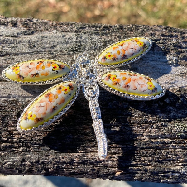 Russian Rostov Vintage Style Finift Women's Brooch hand painted. Yellow floral large dragonfly. Girl's Mother's Holiday Gift for Her