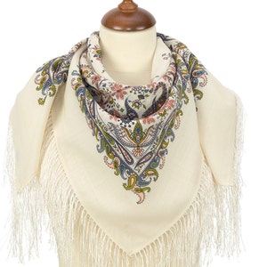 UITVERKOOP/SNELLE LEVERING Russische Pavlovo Posad vintage stijl bloemensjaal/sjaal/omslagdoek &quot;Balaganchik&quot; 100% wol 89 cm zijden franje Wit 203-2