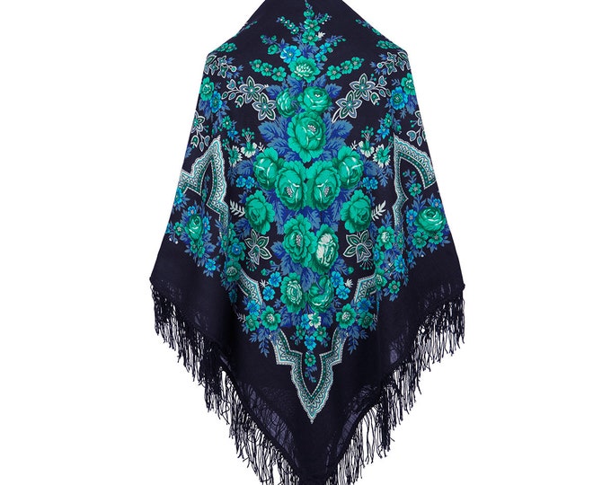 Sciarpa Russa Pavlovo Posad In Lana 100% Con Frange Di Seta - 89x89 Cm, Turchese