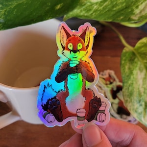 Pegatina holográfica de vinilo de zorro de café