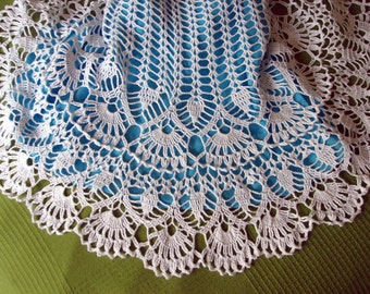 White Crochet Skirt, Lace Summer Skirt for Girl, White and Turquoise Cotton Skirt, Made for order.