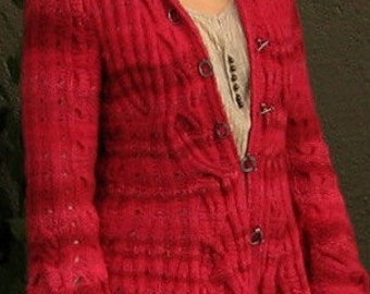 Hand Knitted Coat, Red Cardigan, Wool Jacket, Merino Wool Womens Sweater. Made for order.