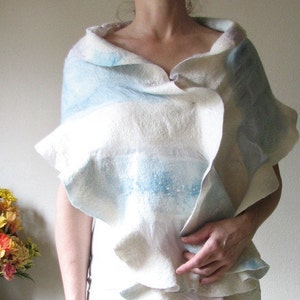 Felted Shawl Scarf Wrap Felt Stole Neckpiece Nuno Felt White Blue Lilac, Ready to ship