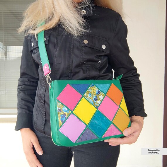 Patchwork Italienische Leder Umhängetasche, Bunte Schulter