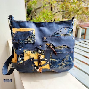 Sac bandoulière en cuir et denim bleus, sac messager bandoulière bohème en patchwork