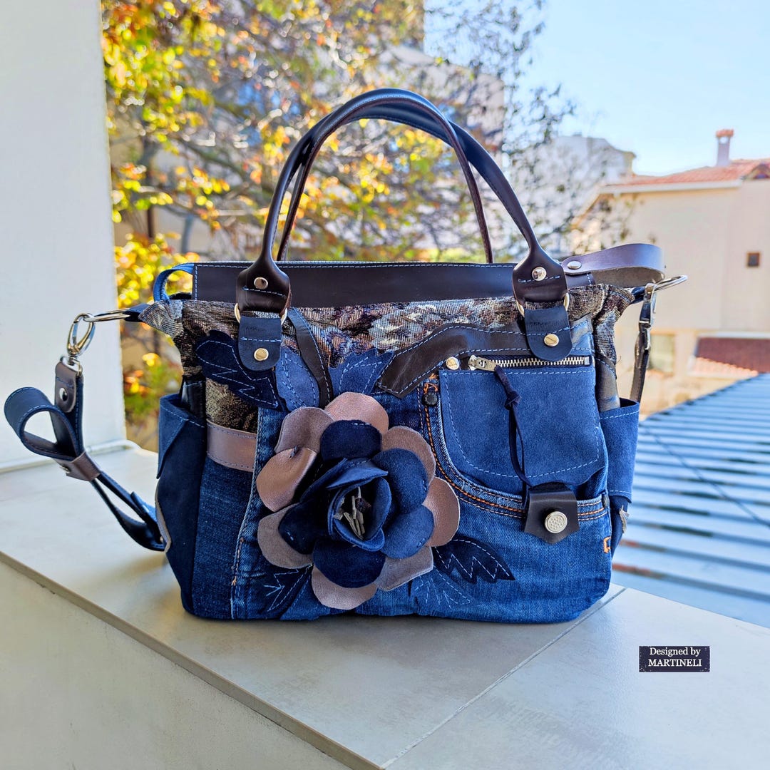 Blue Denim & Leather Shoulder Bag: Floral Tapestry Boho Purse - Etsy