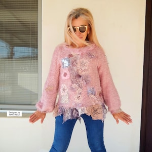 Pink Boho Sweater S/M Upcycled Embroidered Sweater Top Warm Floral Knit Pullover Artsy Faux Fur Women Lace Blouse For Women Luxury Sweater