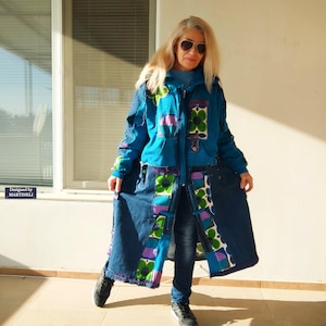 Kurtka dżinsowa z kapturem w dużym rozmiarze, kurtka w kwiaty w stylu boho maxi 3XL, patchworkowy płaszcz dżinsowy