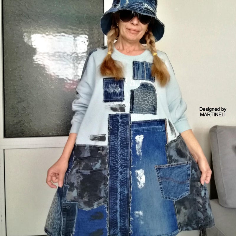 Denim Long Sleeve Color Block Patchwork Shirt Dresses main image 1