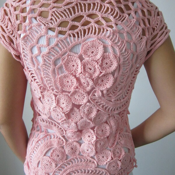 Pink Crochet Sweater, Freeform Sweater, Lace Crochet Top, Sexy Crochet Vest