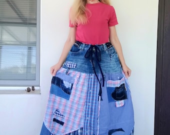 Plus Size Upcycled Denim Maxi Skirt: Patchwork Boho Cotton 2XL