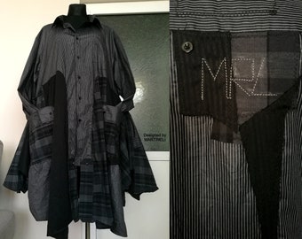 Robe veste noire grande taille 5XL Robe chemise en patchwork recyclé pour femme Robe ample en coton Veste longue en coton Maxi robe rayée