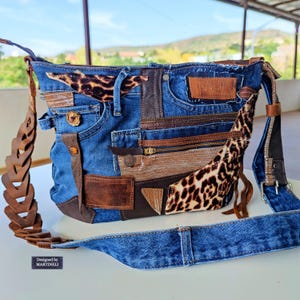 Braune Leder Umhängetasche Große Jeans Umhängetasche Italienische Leder Braune Schulter Geldbörse Tasche Patchwork Jeanstasche Artsy Distressed Denim Tasche