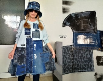 Plus Size Patchwork Denim Kleid 3X Upcycled Maxi Tunika Kleid Für Frauen Lockeres Blaues Baumwollkleid Gemalt Sweatshirt Kleid Street Style Outfit