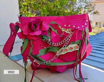 Pink Leather Shoulder Bag High-End Leather Purse Bag Luxury Floral Festival Bag Grunge Leather Purse Romantic Boho Crossbody Bag Elegant Bag