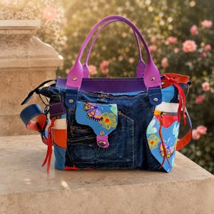 Bolsa de ombro em couro com estampa de borboleta, estilo boho, colorida, transversal em jeans, bolsa de mão em patchwork denim.