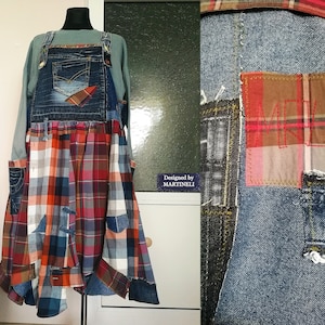 Plus Size Overall Dress 3XL Upcycled Long Denim Dungarees for Women Patchwork Jumper Dress Oversized Apron Dress Denim Pinafore Dress
