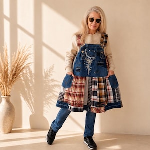 Plus Size Overall Denim Dress,3XL Boho Chic Dungarees,Patchwork Jean Pinafore