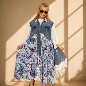 denim and chiffon dress Women's Layers Denim Maxi Dress with Tiered Silhouette  Wash Lab   washlabshop