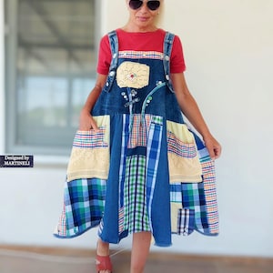 Plus Size Denim Overall Dress: Upcycled Boho Pinafore Jumper