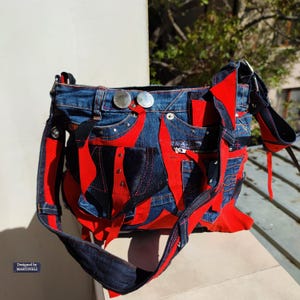 Red Leather & Denim Crossbody Bag,Boho Patchwork Jean Shoulder Bag
