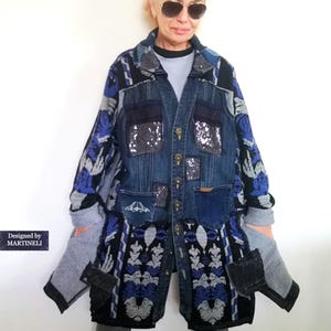 Chaqueta larga vaquera reciclada de talla grande, cárdigan vaquero patchwork 3XL