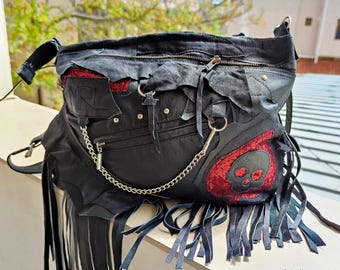 Black Leather Gothic Bag Large Skull Tote High-End Luxury Shoulder Bag For Women Artsy Natural Leather Purse Cross Body Fringe Festival Bag