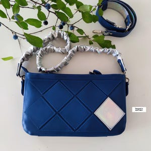 Blue Leather Stylish Bag Italian Leather Shoulder Purse Bag Luxury Artsy Bridal Gift Idea Patchwork Navy Blue Cross Body Bag Stylish Wedding