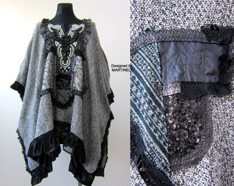 Gray Poncho for Women Plus Size Upcycled Gray Embroidered Poncho Boho Gypsy Top Knit Poncho For Women Boho Chic Cape Maxi Cotton Poncho