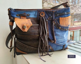 Unisex Leather Shoulder Bag Large Brown Leather Crossbody Bag Luxury Leather Tote Denim Work Bag Leather Messenger Bag Grunge Style Jean Bag