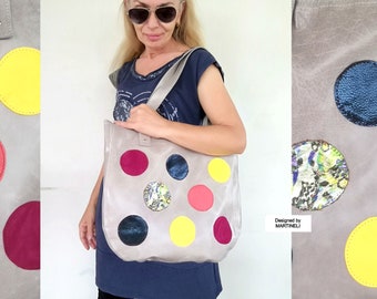 Extra Large Leather Tote Bag High-End Italian Leather Bag Boho Leather Tote Colorful Weekend Purse Artsy Shoulder Bag Polka Dot Leather Bag