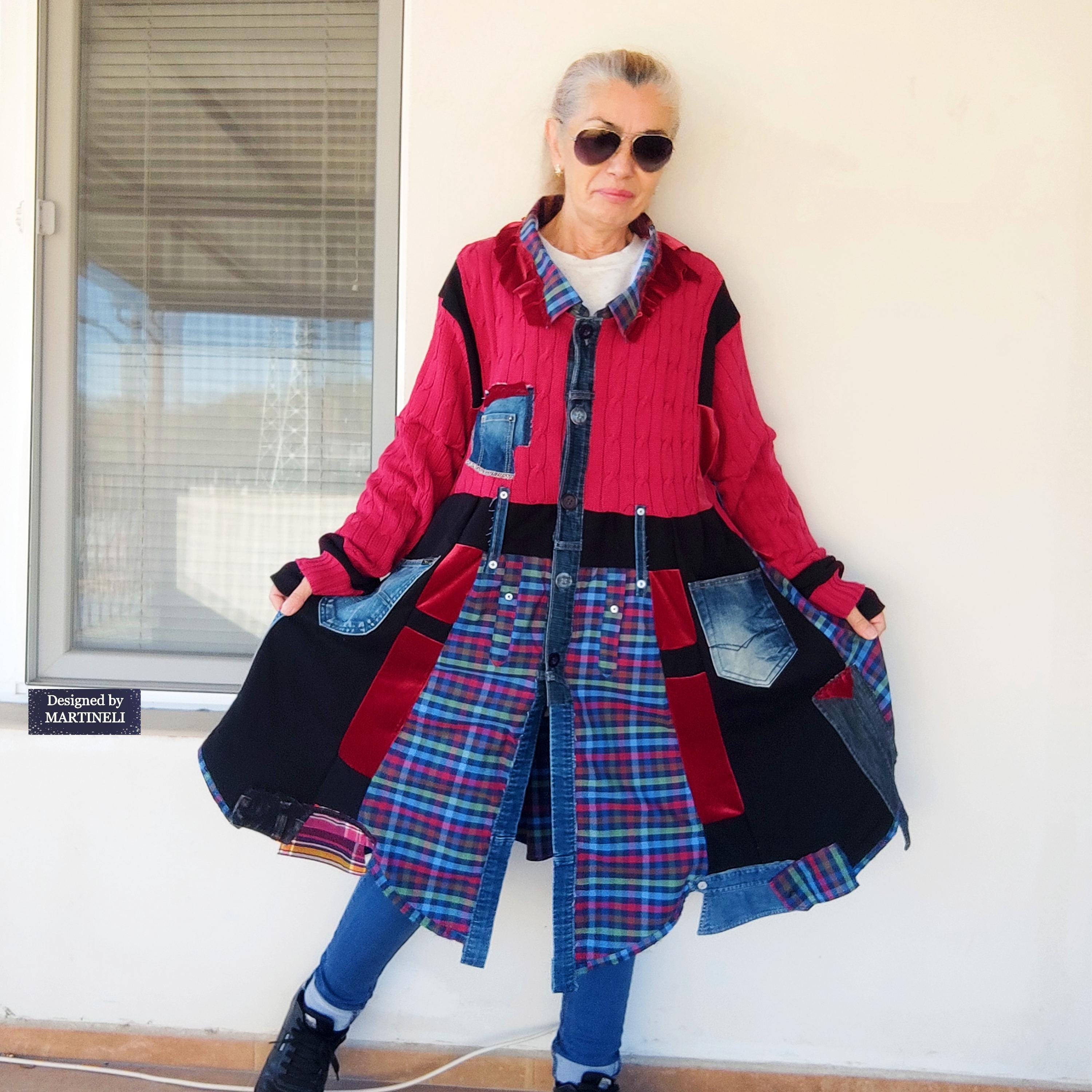 Plus Size Pink Jacket 2X/3X Upcycled Maxi Jean Jacket Boho Cardigan Dress Patchwork Denim Jacket Knit Fall Jacket Dress Elegant Shirt Dress
