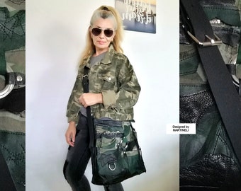 Large Leather Crossbody Bag Unisex Camouflage Denim Bag High-End Genuine Leather Tote  Bag Messenger Bag Green Bag Women Camo Shoulder Bag