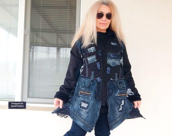 Chaqueta vaquera de patchwork para primavera, abrigo bohemio chic acolchado negro XL para mujer