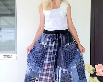 Plus Size Cotton Pants XL/2X Upcycled Wide Leg Cotton Pants Oversized Baggy Harem Pants Patchwork Beach Denim Pants Loose Maxi Capri Pants