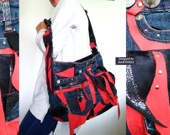 Red Leather High End Genuine Leather Purse Bag Patchwork Denim Crossbody Boho Leather Tote Artsy Luxury Handcrafted Red Leather Shoulder Bag