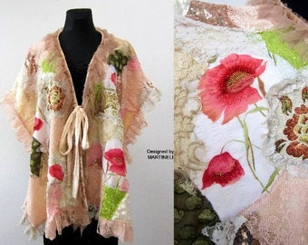 Embroidered Velvet Cape Boho Floral Shawl Upcycled Beige Embroidered Cape For Women Gypsy Wedding Cape Long Floral Shawl Bridesmaid Cape