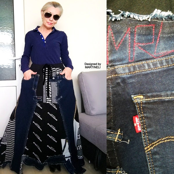 Maxi-Jeansrock S / XL Upcycled Levis Patchwork-Jeansrock für Frauen Langer Asymmetrischer schwarzer Rock Loser Baumwollrock Ein Street-Style-Rock