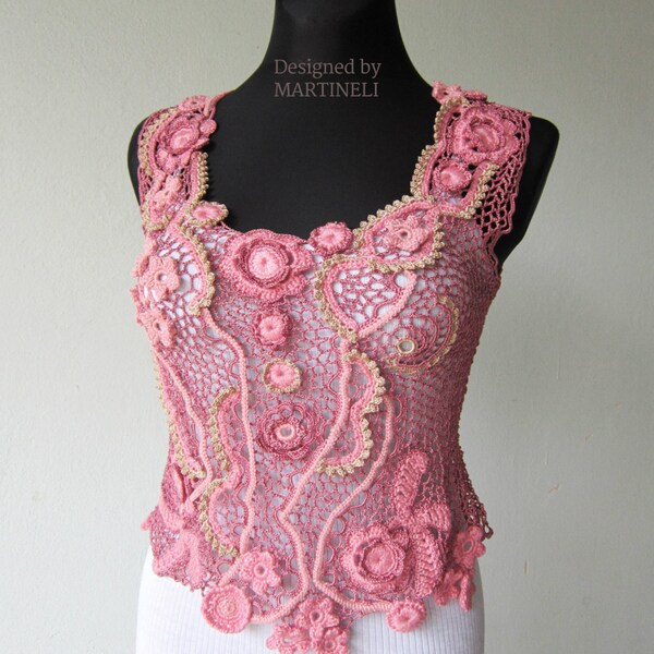 Pink Irish Crochet Blouse, Freeform Crochet, Sweater Blouse, Lace Top Blouse, Casual Top