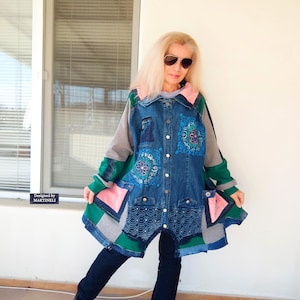 プラスサイズ スプリングパッチワークデニムジャケット、3XL ボヘミアンフェスティバルダスターコート