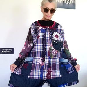 Giacca spolverino boho chic a quadri con inserti floreali, taglie forti, tunica in cotone ricamata 2XL