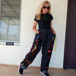 Plus Size Embroidered Jeans 2XL Upcycled Wide Leg Patchwork Jeans For Women Loose Black Denim Pants Boho Floral Jeans Cotton Pants For Women