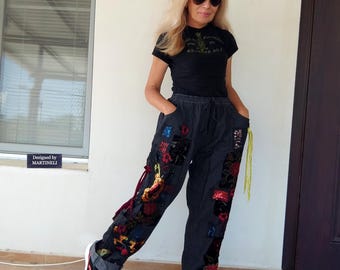 Plus Size Embroidered Patchwork Jeans: Upcycled Boho Wide Leg Denim