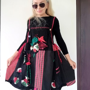Plus Size Pinafore Dress 4XL Upcycled Black Denim Overall Dress For Women Maxi Floral Tunic Dress Embroidered Apron Dress Loose Jean Dress