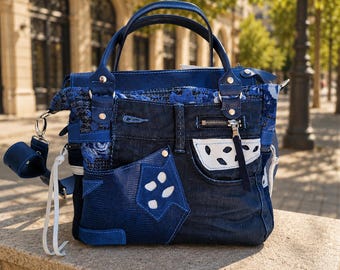Borsa a tracolla grande in denim e pelle, borsa tote boho unica nel suo genere, borsa a mano in jeans blu fatta a mano