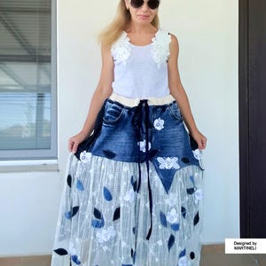 Plus Size Boho Denim Maxi Skirt: Floral Patchwork, Upcycled Jean