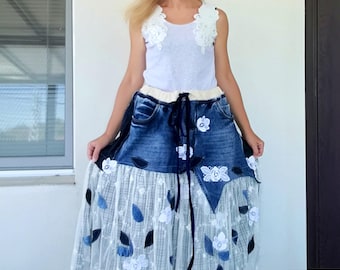 Plus Size Boho Denim Maxi Skirt: Floral Patchwork, Upcycled Jean