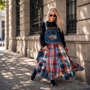 Plus Size Denim Overall Dress,3XL Upcycled Patchwork Pinafore,Maxi Plaid Shirtdress