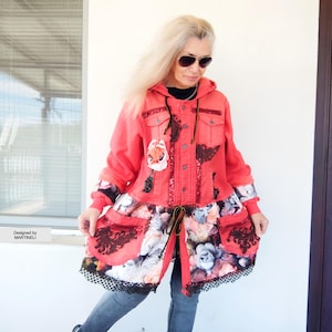 Boho Hooded Denim Jacket,XL Coral Pink Floral Applique Duster