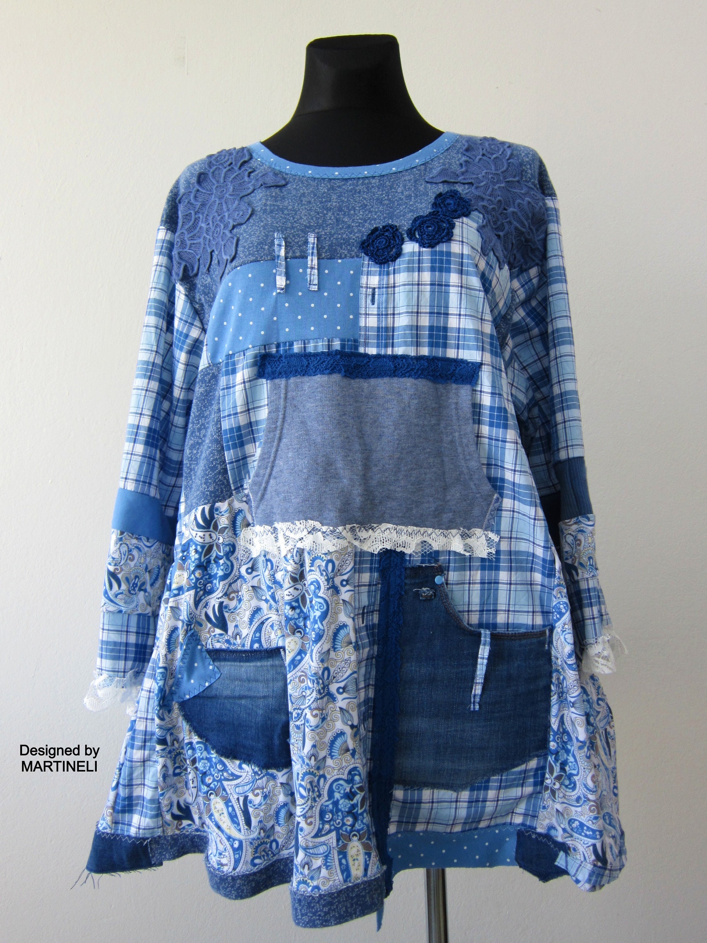 2X Plus size blue plaid cotton shirt dressUpcycled clothing | Etsy